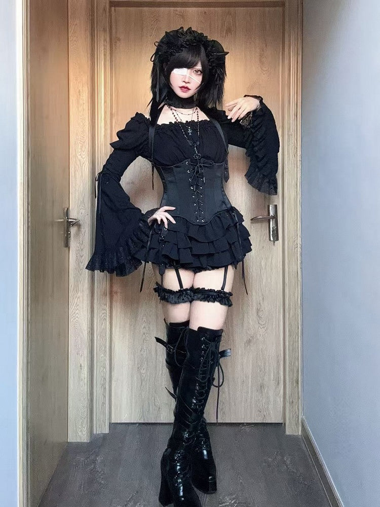 Black Gothic Lolita Layered Ruffle Skirt for Waist 58-66cm - Moonveil Manuscript