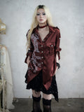 Loose-Fit Long Sleeve Tee with Wine Red Distressed Graffiti Punk Motif - NO ROMANCE