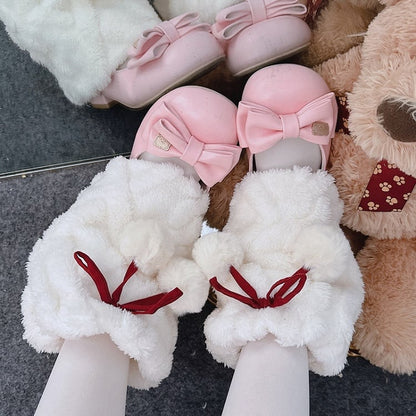 グレーのY2Kリボン付きプラッシュレッグウォーマー（ポンポン付き）