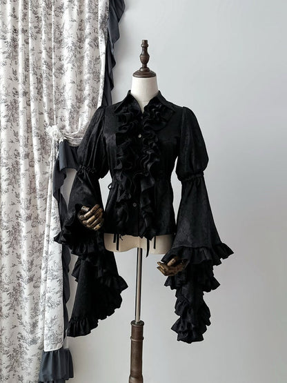 フリルベルロングロリータスリーブブラックボディスシャツ構造