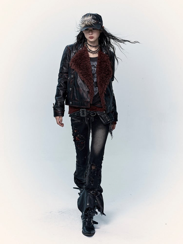 ブラック スプリットカフス ダメージ加工 フレアジーンズ レースアップ