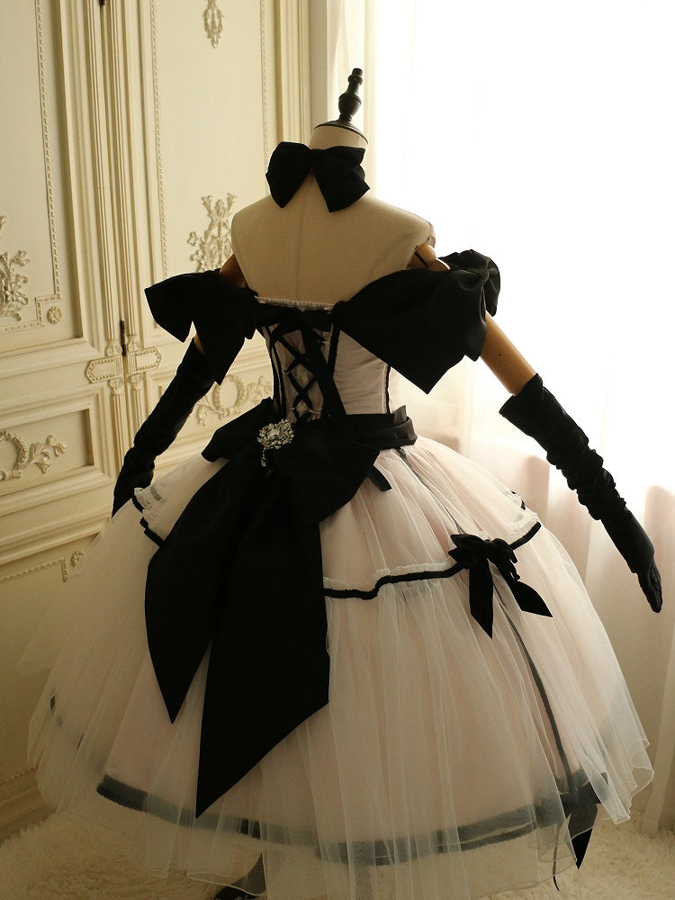 Big Bow Off-the-shoulder Neckline Pink Elegant Tea Party Lolita Tulle Dress