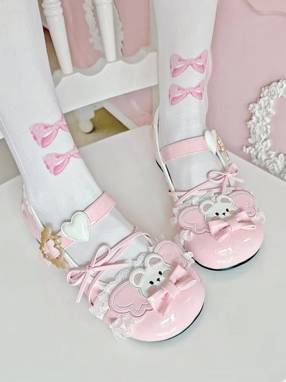 Lolita Mary Pink Bear Details Heart Sweet with Winged Janes Low-heel Accents