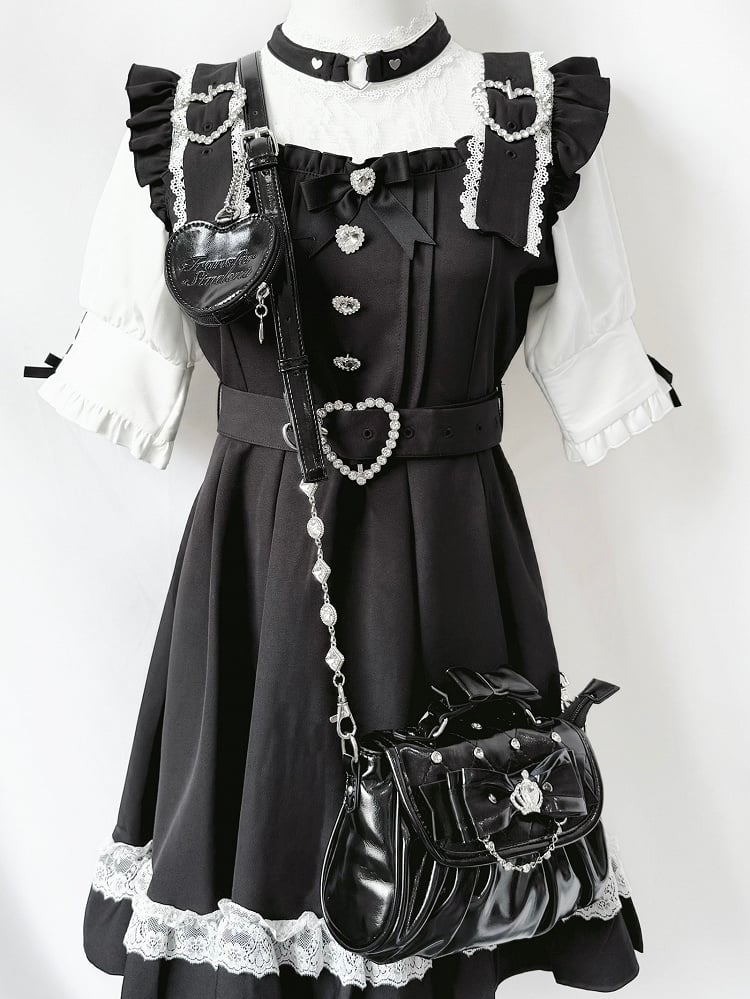 Bag Black with Bow Rhinestone - Jirai Crossbody Kei Interchangeable Crown Strap Heart