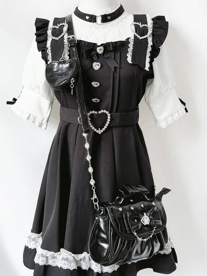 Bag Black with Bow Rhinestone - Jirai Crossbody Kei Interchangeable Crown Strap Heart