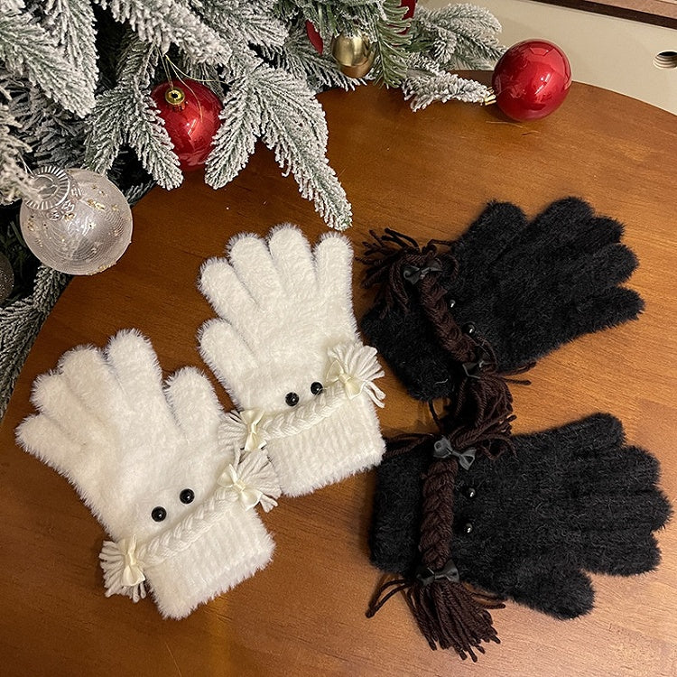 Schwarz/Weiße Lolita-Handschuhe mit Zöpfen und Schleife