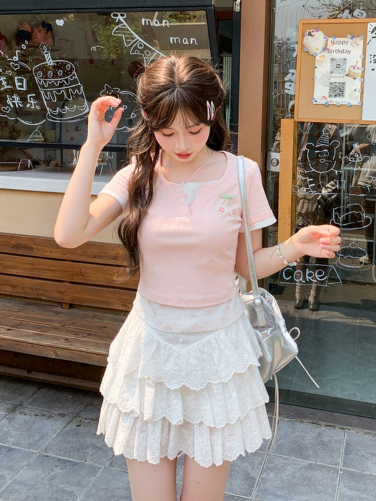 フェイクツーピース ピンクチェリー刺繍 スイートフローラルTシャツ