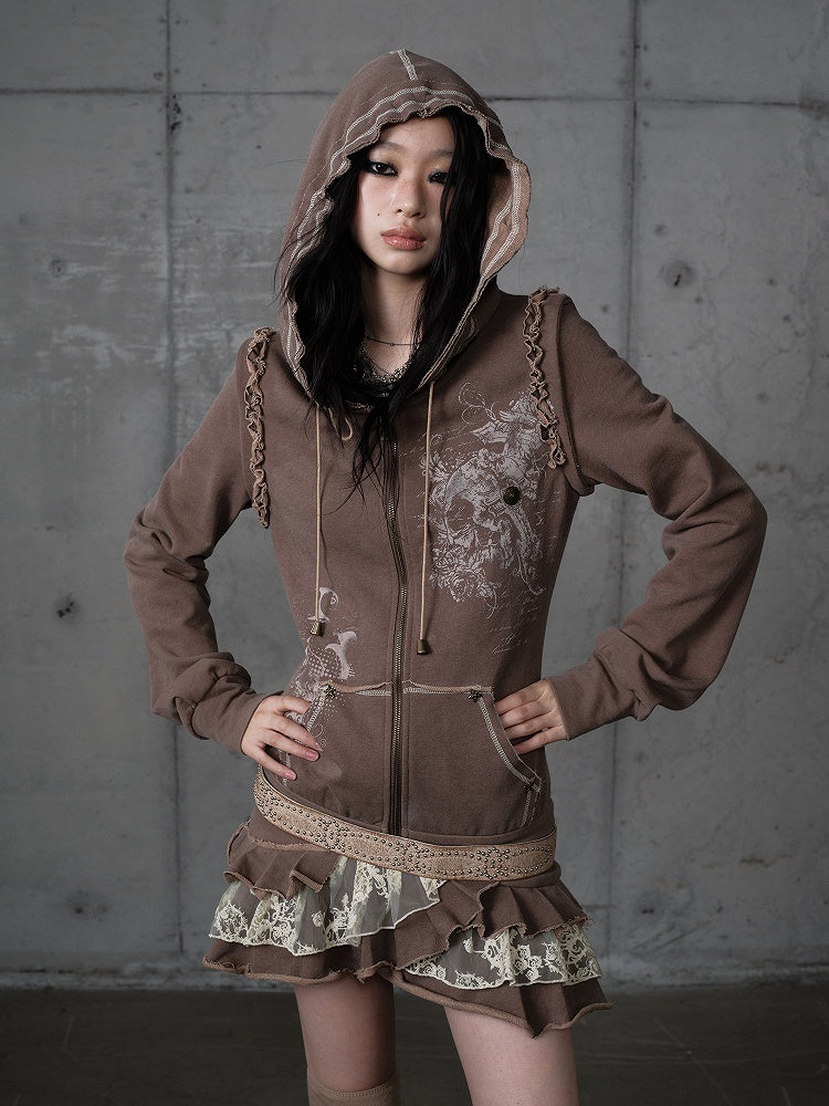 Lace Wasteland with Dress Khaki Hoodie Punk Y2K Tiered Detachable Trim Sleeves