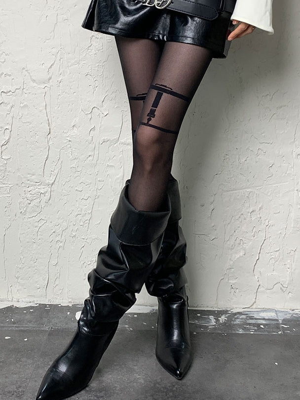 バックルプリントデザインパンクY2Kブラックタイツ