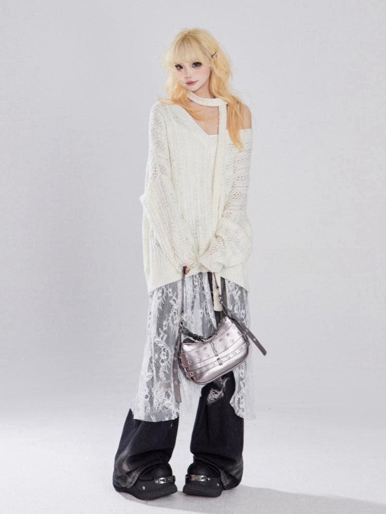 Glamouröses Cami-Top mit kontrastierenden Spitzenflecken und gestuften Rüschen in Weiß