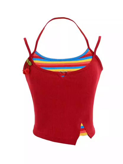 パッド入りカップ付きツーピースキャミソールトップス フェイクイエロー/グリーン/レッド