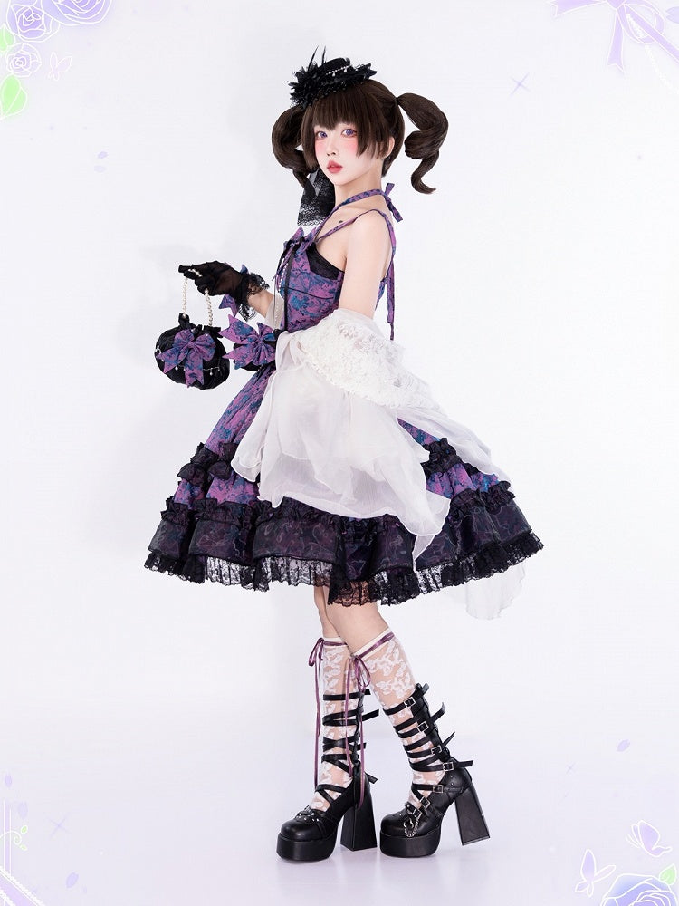 Purple & Black Bowknot Pearl Chain Halter JSK Dress