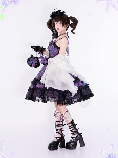 Purple & Black Bowknot Pearl Chain Halter JSK Dress