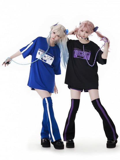 ピクセルキャラクタープリントチェーンデザイン ジライケイTシャツ ブルー ホワイト ブレスレット リングフィンガー付き