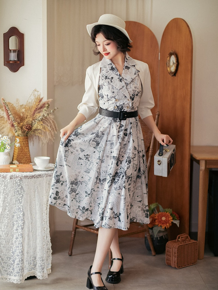 Blazer 1950s Print Collar Retro Newspaper Summer Fashion Dress