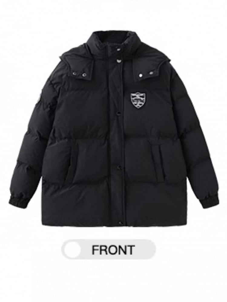 Padded Black Hooded Cuffs Short with Patches Coat Preppy Elastic Badge