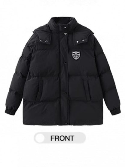 Padded Black Hooded Cuffs Short with Patches Coat Preppy Elastic Badge