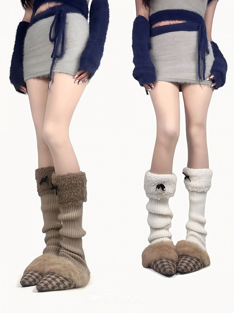 Footed Warmers Knitted Ruffled Leg with Colors 5 Fleece Bows