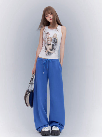 Blaue, lockere Jogginghose mit geradem Bein und Kordelzug in der Taille