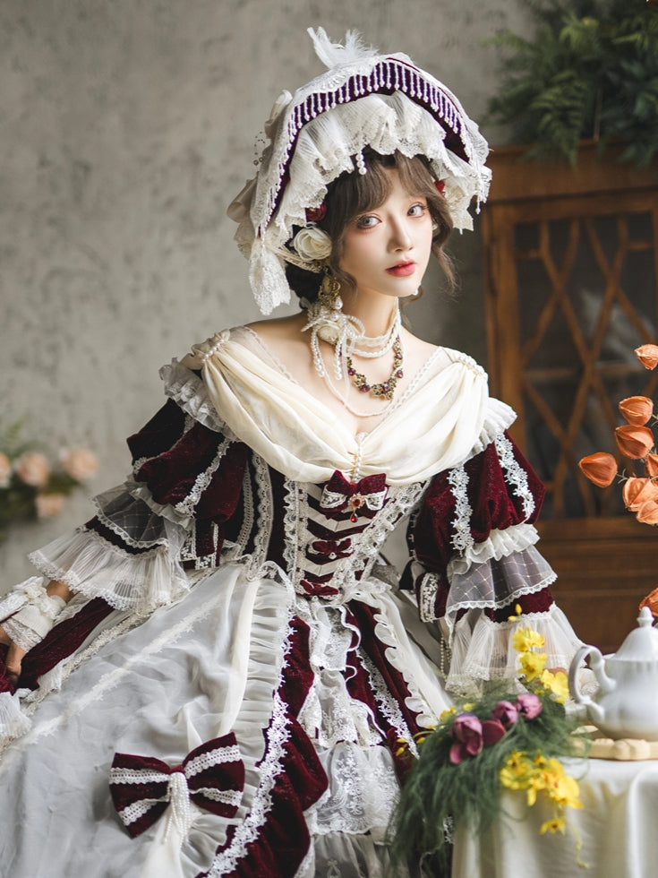 Hanayome Set Shimmering OP High-low and Velvet Lolita Gorgeous Full Dress White Red