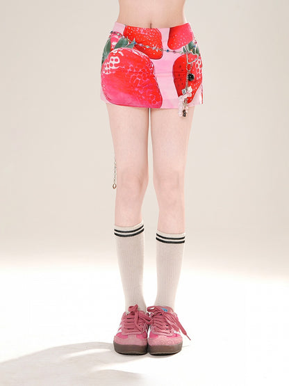 Print Pink Low Waist Sweet Strawberry Mini Bodycon Skirt