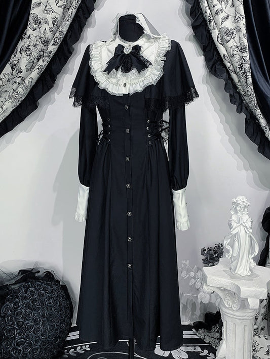 Jirai Midi Kei Black Leg-of-Mutton Bow Details Lace Gothic White Sleeve Dress with and