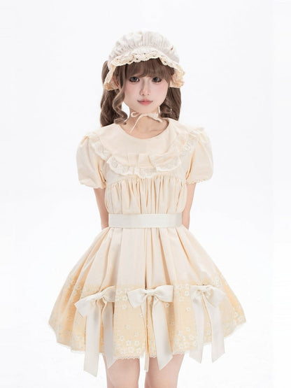 Sweet Beige Crew Neck Short Sleeve Lolita Dress Bow Accents - New Tea