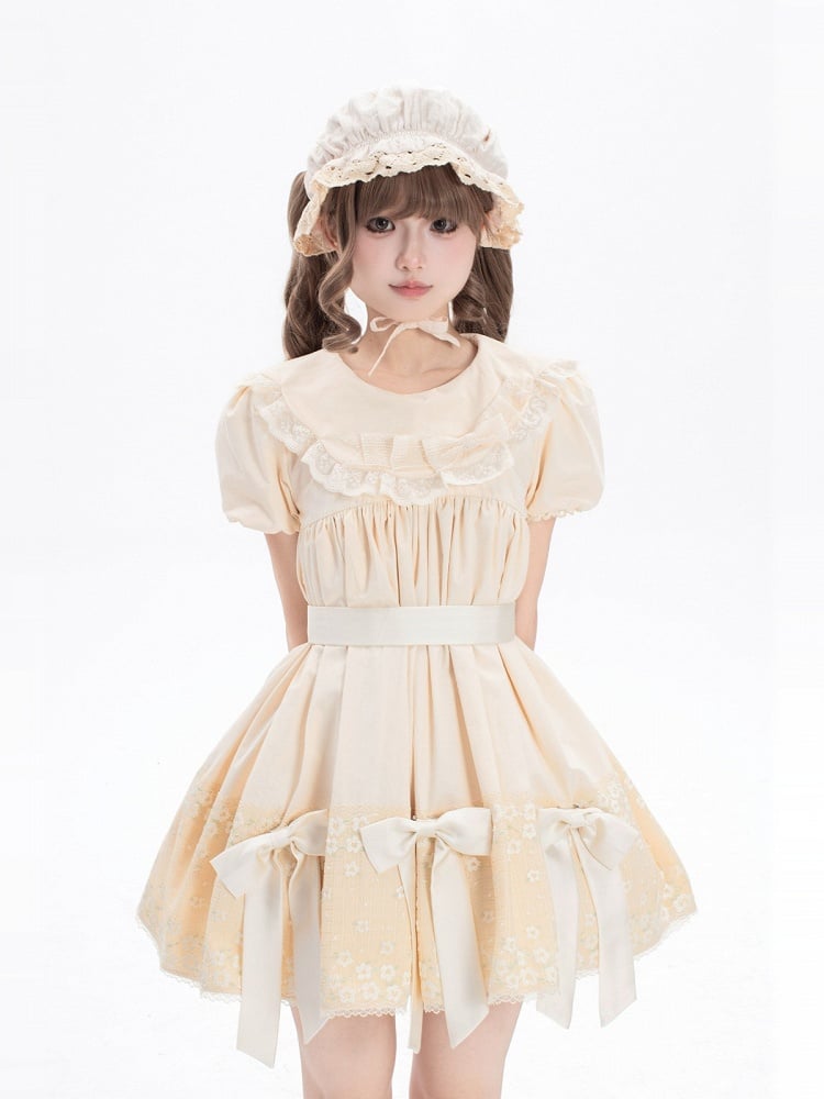 Sweet Beige Crew Neck Short Sleeve Lolita Dress Bow Accents - New Tea