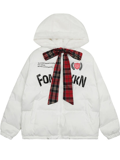 Schwarze/weiße Jacke mit Buchstaben-Print und selbstbindender Schleife und Kapuze