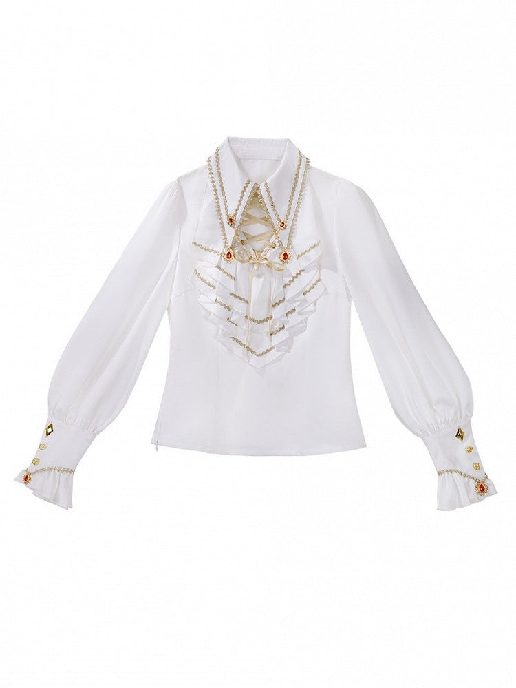 Ouji Knight Lolita Jabot Collar Shirt with One Shoulder Cape and Long Pants Set - Xiong Dou Jiang