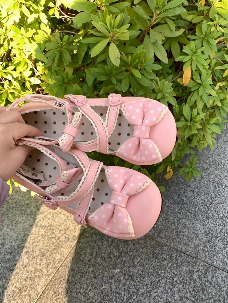 Mary Crisscross Pink Janes Trim Low-heel Sweet with Lolita Lace Straps