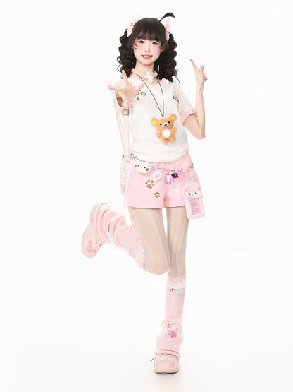 Otaku Kawaii Pink Shorts Featuring Bear Theme Embroidered Design - Languid Park