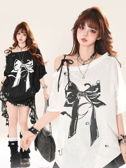 Black/White Asymmetrical Neckline Big Bow Print Loose T-shirt