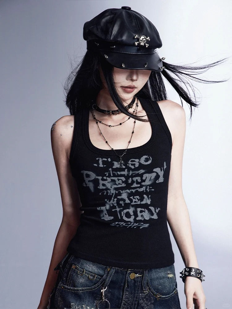 Schwarzes Vintage-Tanktop mit Buchstabendruck und schmaler Passform, glamourös