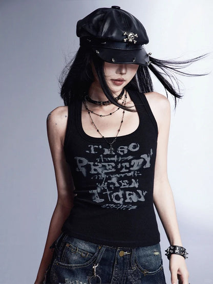 Schwarzes Vintage-Tanktop mit Buchstabendruck und schmaler Passform, glamourös