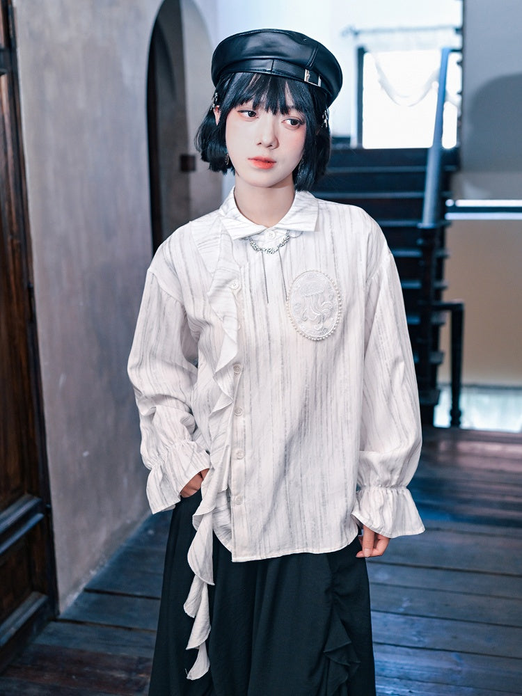 Gothic Shoulder Accents Ribbon White Asymmetrical with Jellyfish Cheongsam Blouse Embroidery