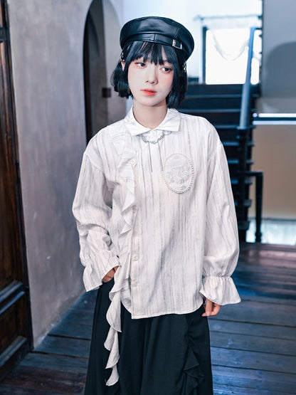 Gothic Shoulder Accents Ribbon White Asymmetrical with Jellyfish Cheongsam Blouse Embroidery