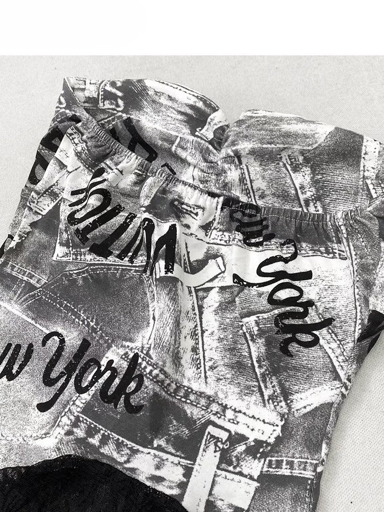 プリントレーストリム ビタースイートヘム レタートップ アシンメトリーチューブ グレー