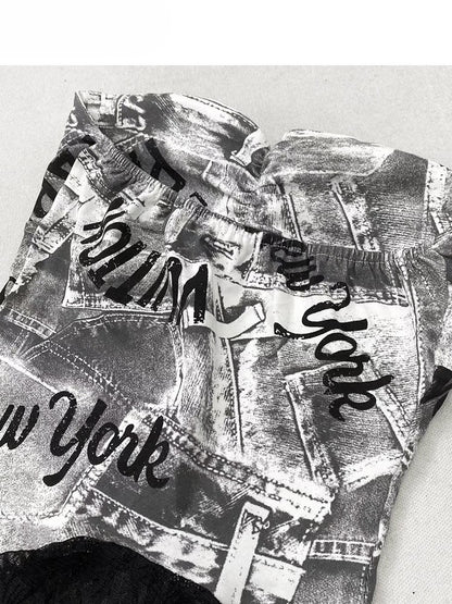 プリントレーストリム ビタースイートヘム レタートップ アシンメトリーチューブ グレー