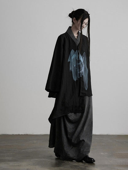 Asymmetric V-Neck Long Sleeve Top with Figure Print - INDULGE