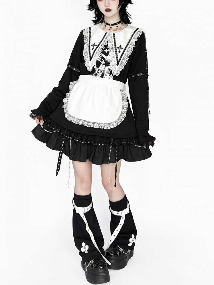 Style Harajuku Punk  White Straps Detail Black Leg Leather Warmers: Cross