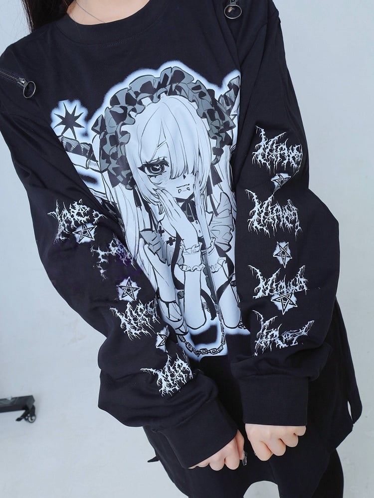 T-Shirt Jirai Kei Zipper Cartoon Shoulder Cutout Design Gray Print Long-Sleeve with Girl Black