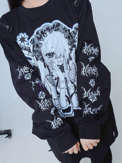 T-Shirt Jirai Kei Zipper Cartoon Shoulder Cutout Design Gray Print Long-Sleeve with Girl Black