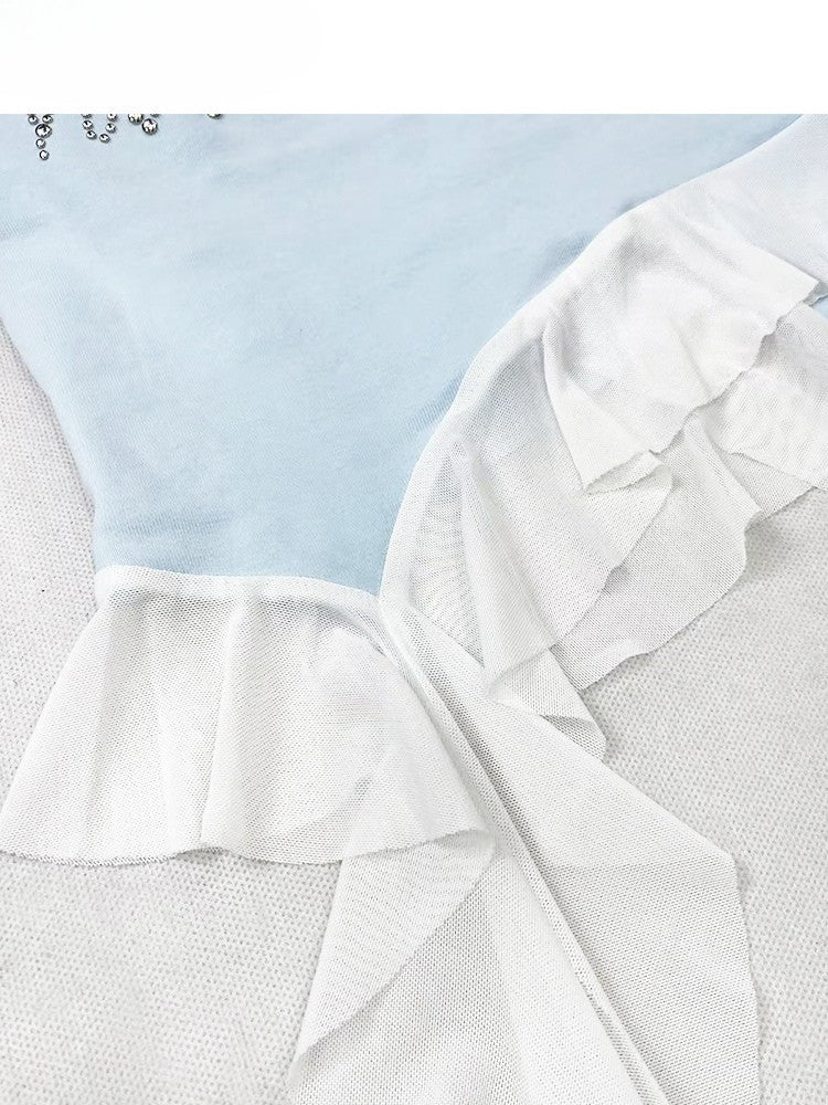 トップヘムチューブラインストーン装飾文字グラマラスY2Kブルーアシンメトリー