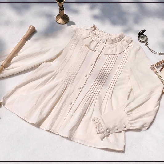 and Ruffle Neckline Beige Long Sleeves Blouse with Pleating Details