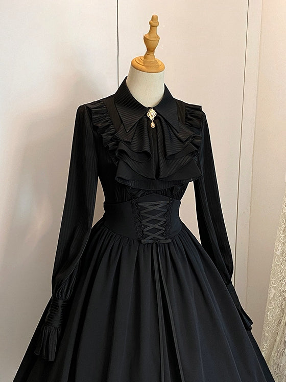 Flat Long Pointed Collar Sleeves Shirt Jabot Fabric Black Striped