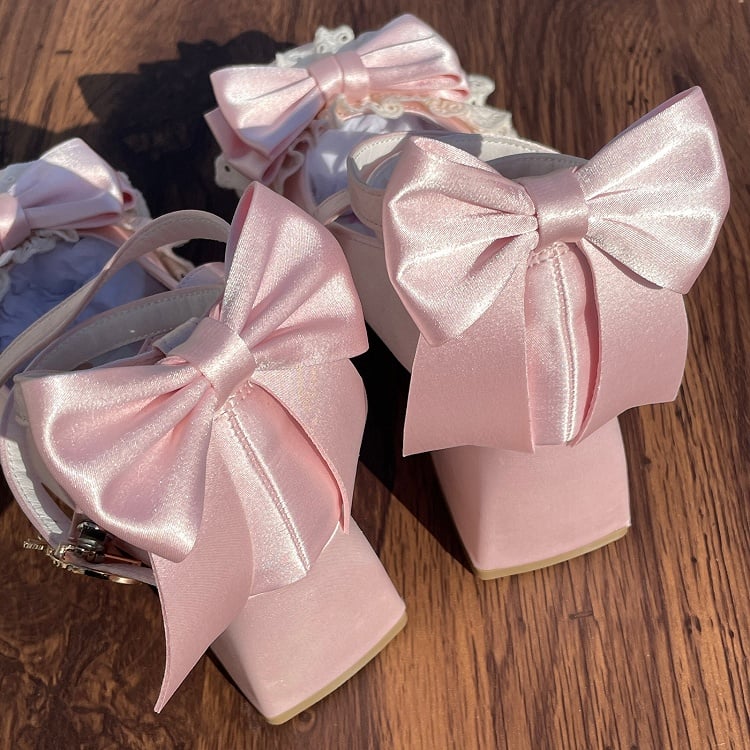 Pink Satin Hime Lolita Mid-Heel Mary Janes with Lace Bow & Ice Cream Clasp - LU XIAO MAN