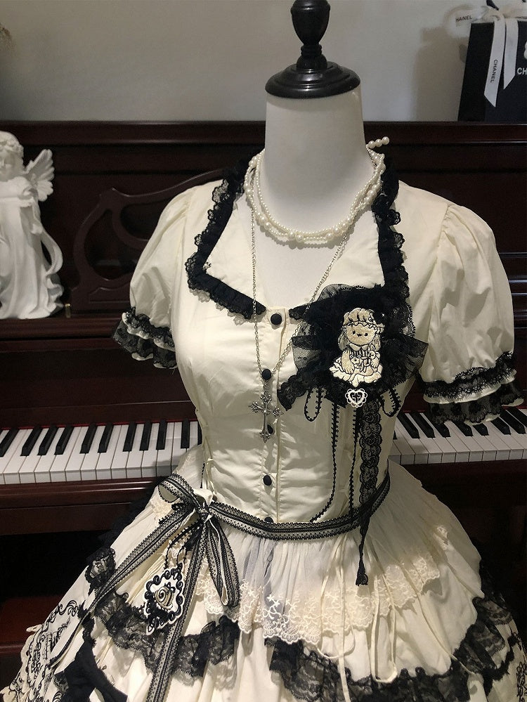 Lolita with Black Sleeves White Trims Elegant Lace Puff Blouse