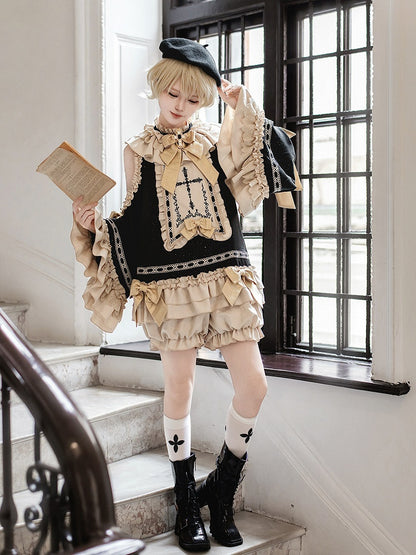 Black & Golden Cross Embroidery Cutout Shoulder Ruffled Ouji Lolita Top with Bloomers Set - Unknown Star