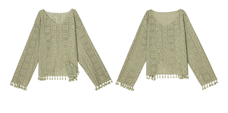 ボヘミアングリーンVネックタッセルヘムトップス（ベルト付き）